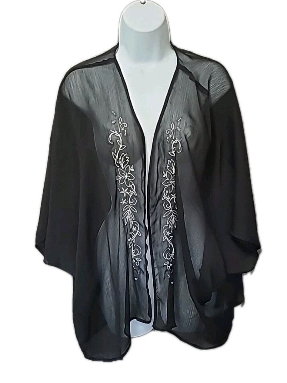 Sheer Black Chiffon Embroidered Open Front‎ Cardigan Wrap Layers Neutral Staple